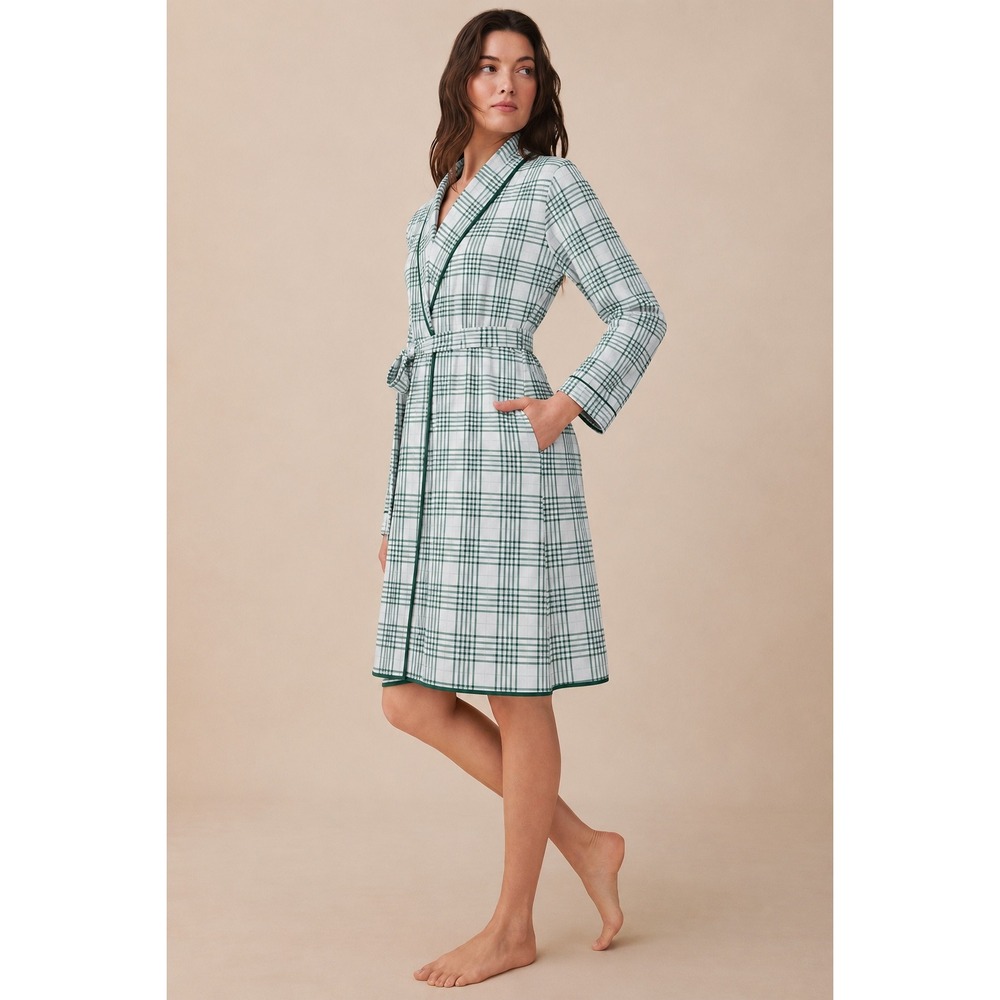 LAKE Pima Robe Juniper Plaid Green White Pima Cotton Belted Knee Length XS